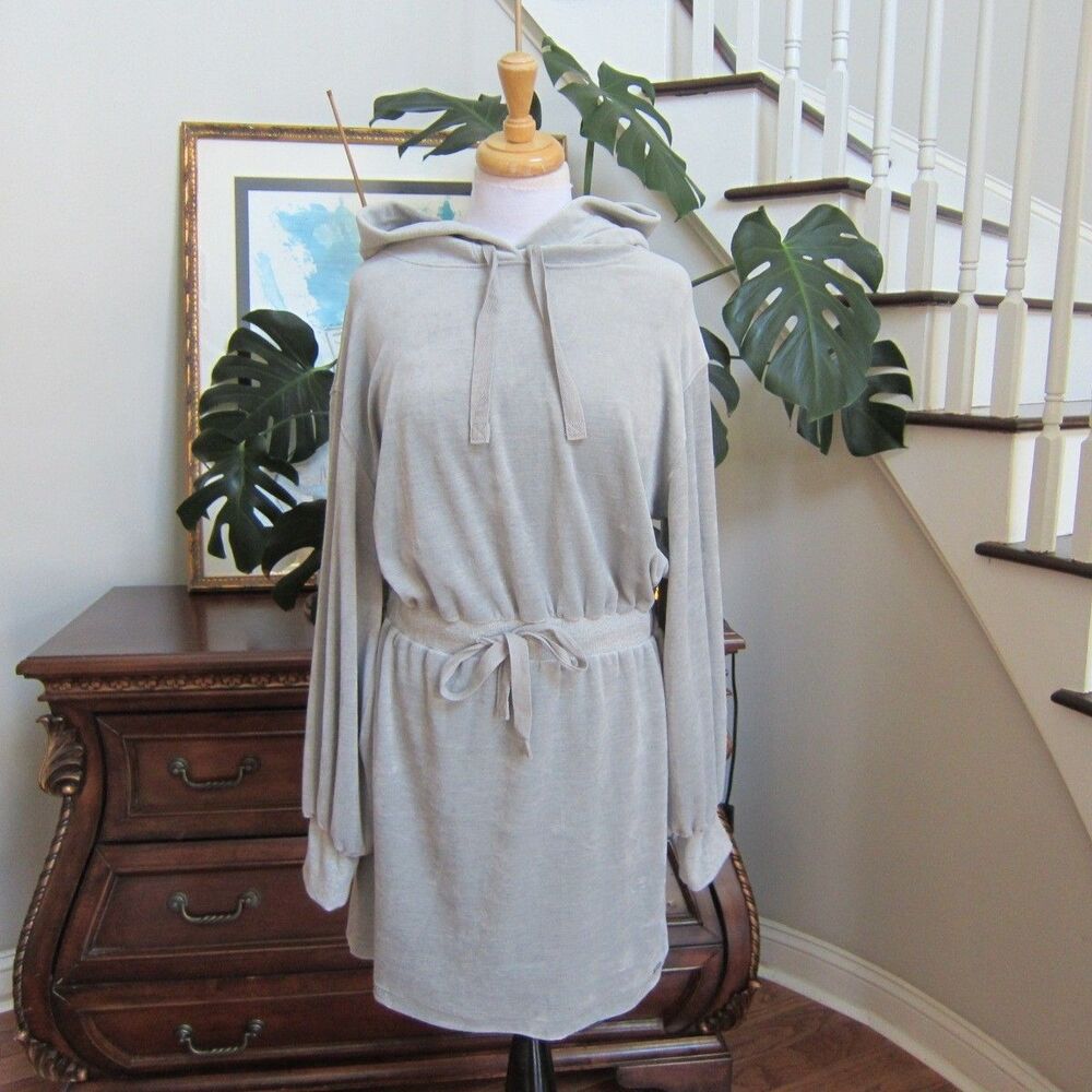 Calvin Klein Gray Velour Hooded Mini Dress Balloon Sleeves Elastic Waist Size L